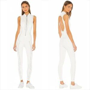 GIGI C Sarah zip up cut-out jumpsuit catsuit white triangle laser cut new Medium